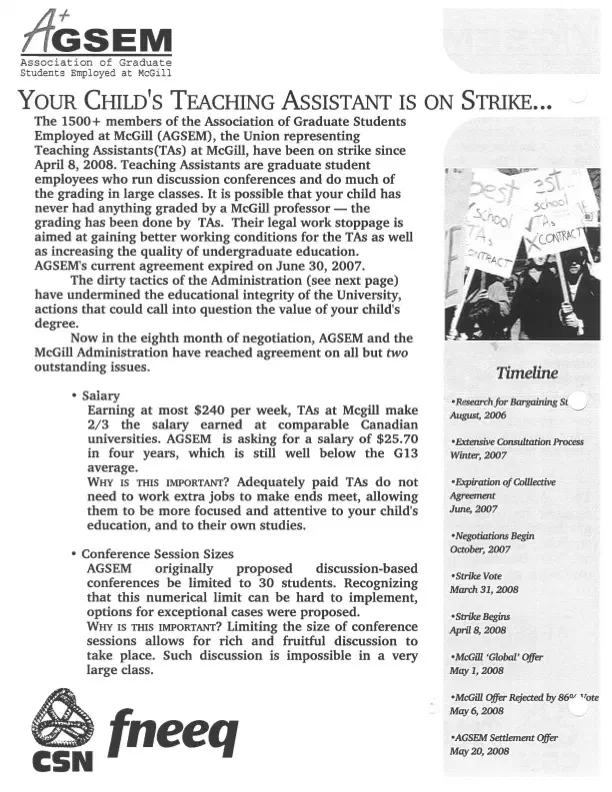 “Your child’s Teaching Assistant is on strike…McGill Admin could make the strike end,” AGSEM pamphlet (n.d.). AGSEM Archives, Vol. 3.1 “Your Child’s TA Is On Strike.”