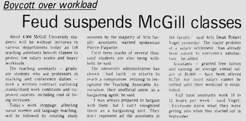 “Boycott over Workload. Feud suspends McGill classes.” Montreal Gazette (February 4, 1976), 3.