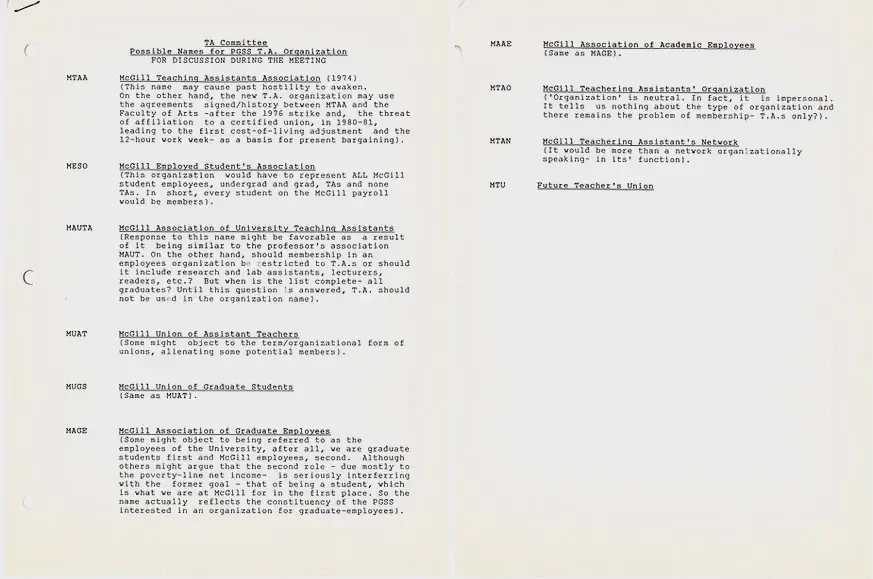 List of Potential Names for a new TA Organization (n. d.). AGSEM Archives, Vol. 5.2 “Early MTAA Files.”