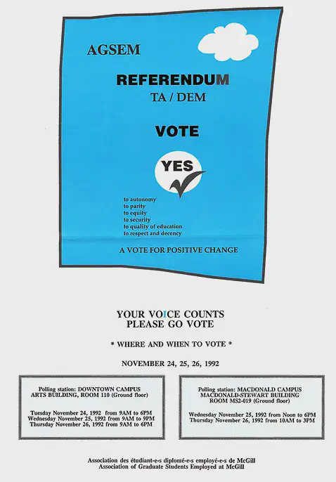 Poster advertising referendum to certify with CSN (November 1992). AGSEM Archives, Vol. 4.1 “Posters and Communications.”